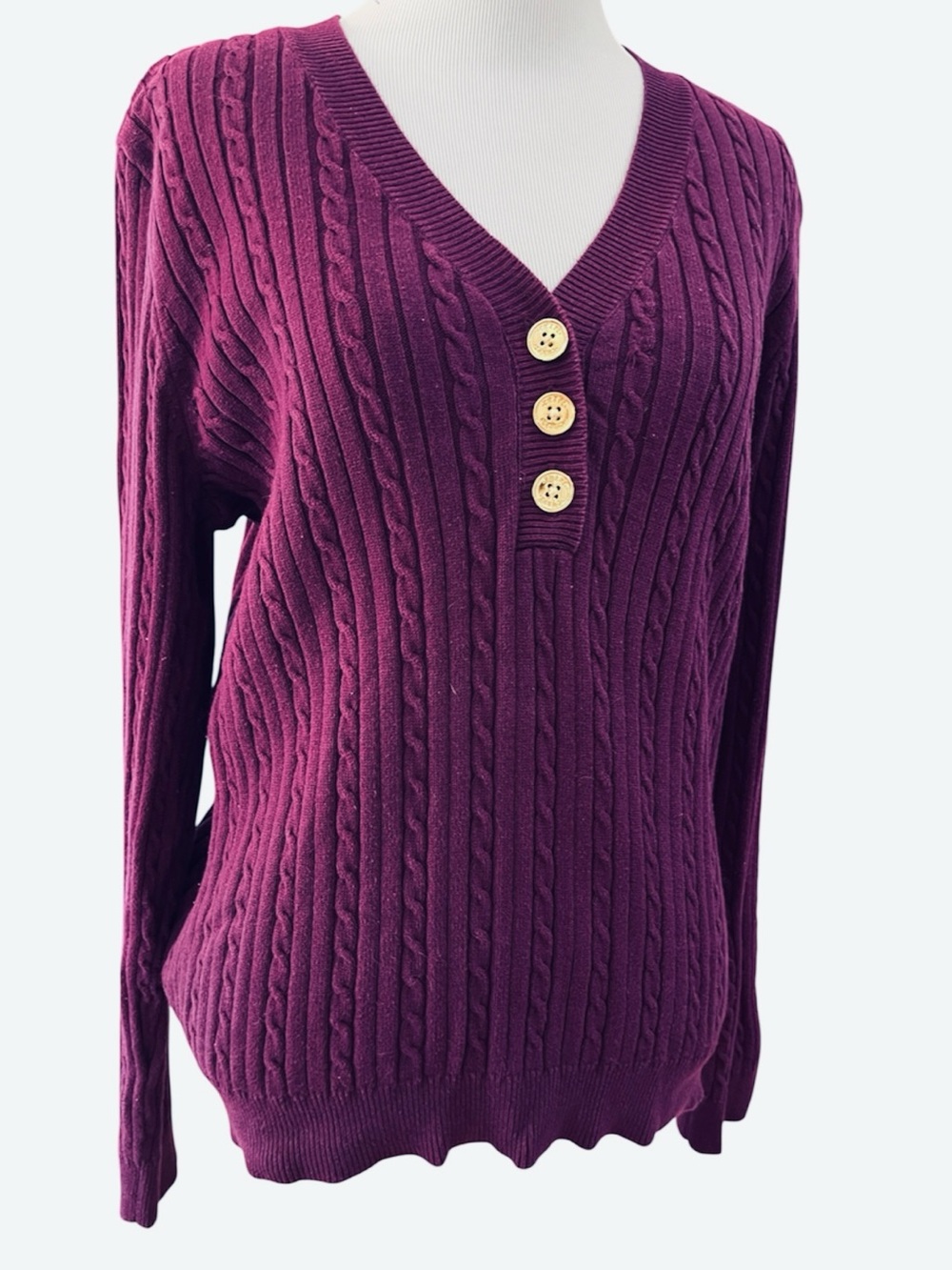 CHAPS CLASSIC V NECK CABLE KNIT SWEATER PURPLE SIZE LARGE